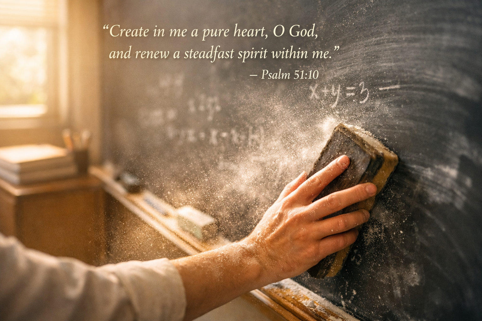 Blackboard being erased chalk dust flying old equations vanishing surface returning to clean black, classroom afternoon light, text Create in me a pure heart O God renew a steadfast spirit Psalm 51:10 -- HD wallpaper